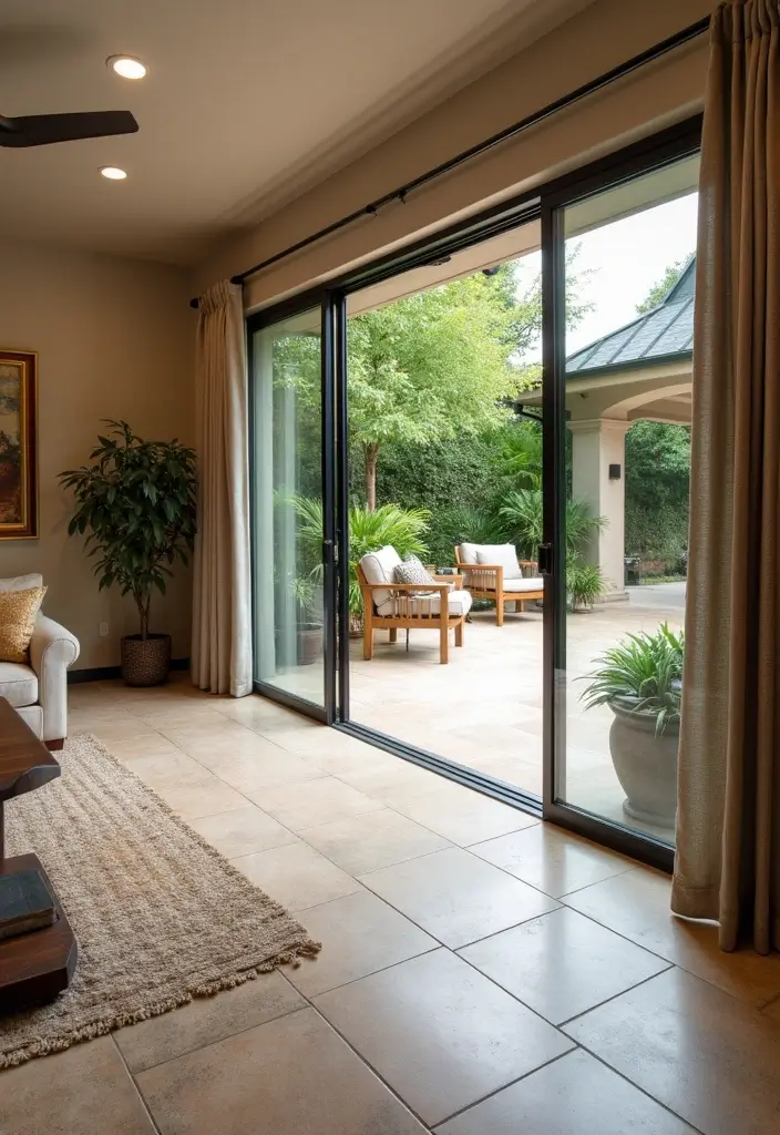 27 Tile Floor Living Room Ideas That Feel Durable and Stylish - 12. Indoor-Outdoor Tile Transition