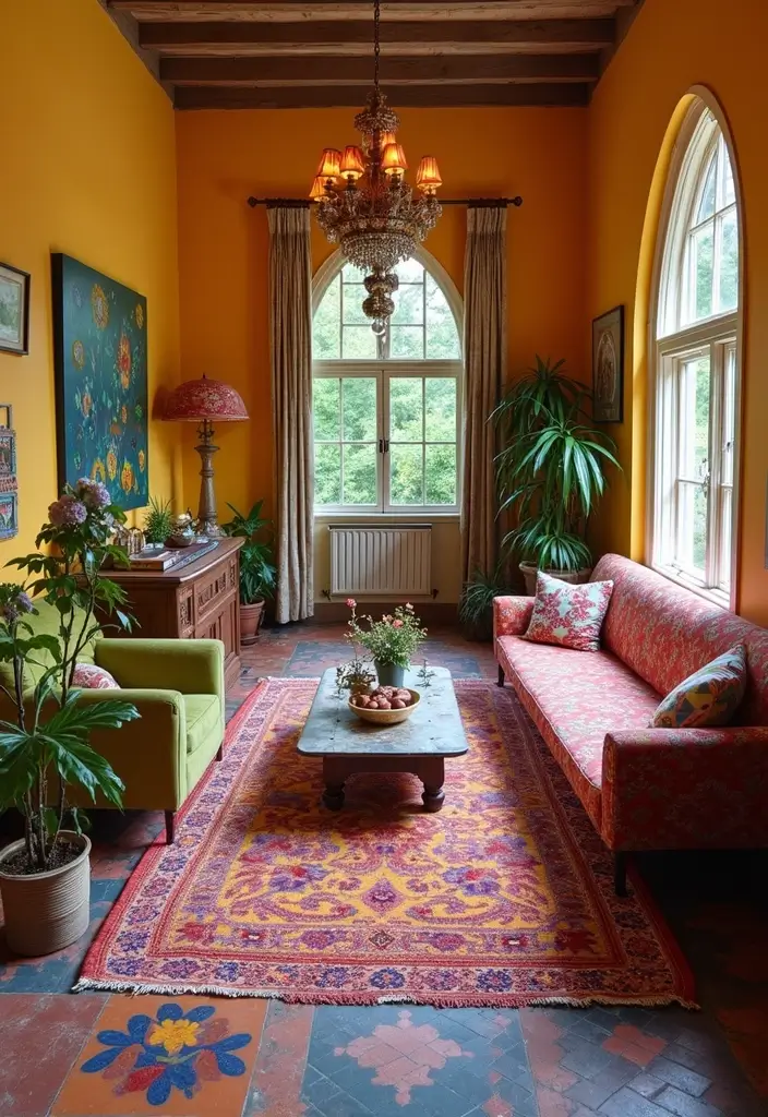 27 Tile Floor Living Room Ideas That Feel Durable and Stylish - 14. Bohemian Style with Colorful Tiles