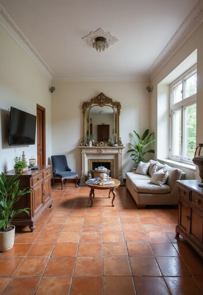 27 Tile Floor Living Room Ideas That Feel Durable and Stylish - 15. Vintage Terracotta with a Modern Twist