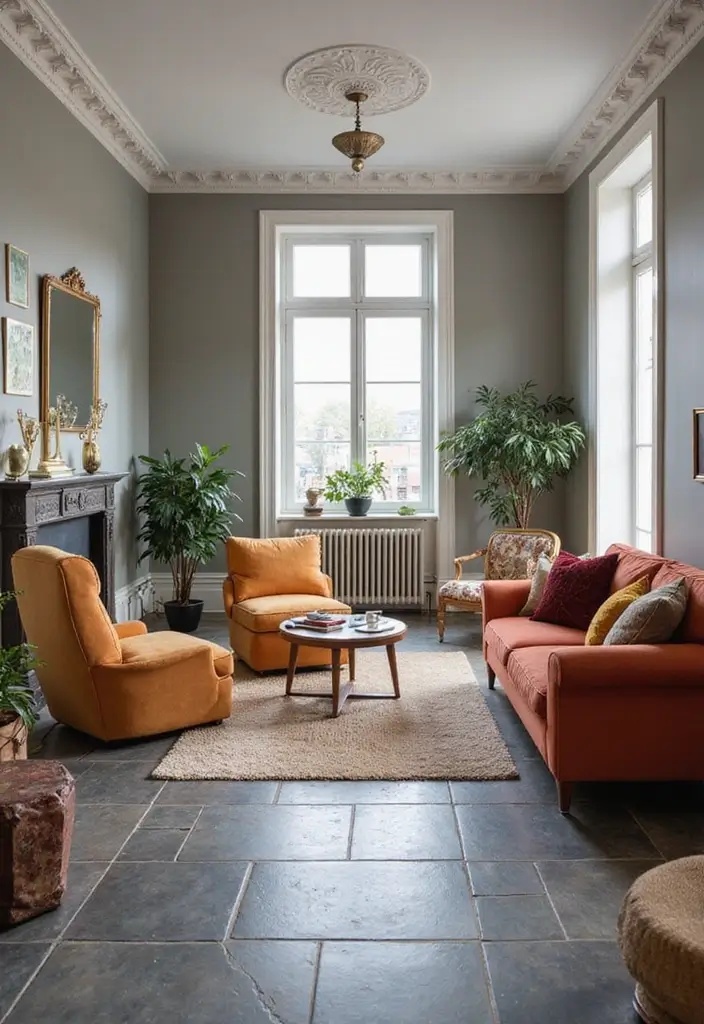 27 Tile Floor Living Room Ideas That Feel Durable and Stylish - 16. Warm Gray Tiles for a Modern Touch