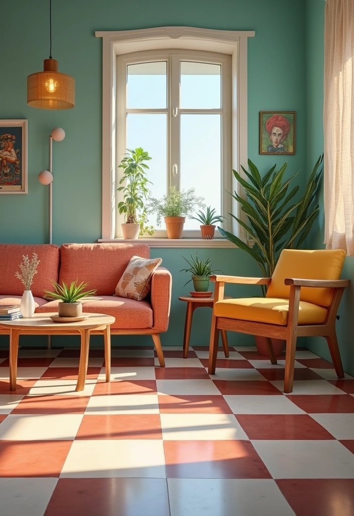 27 Tile Floor Living Room Ideas That Feel Durable and Stylish - 17. Retro Checkerboard Tiles