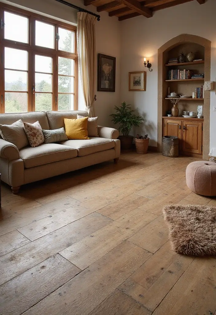 27 Tile Floor Living Room Ideas That Feel Durable and Stylish - 18. Rustic Wood-look Tiles