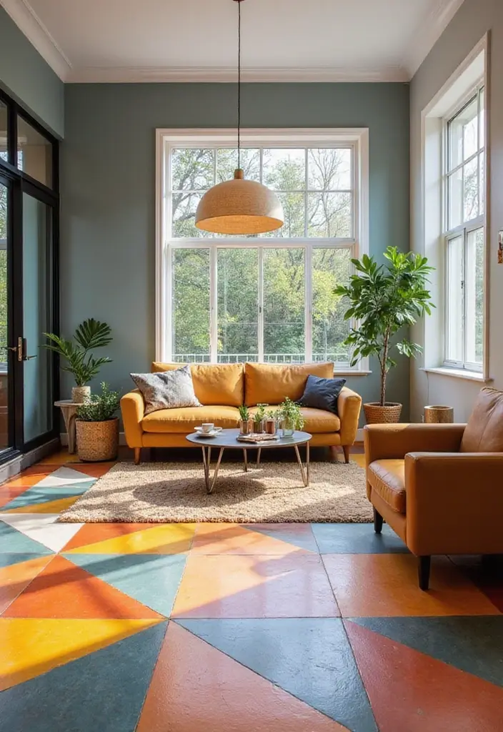 27 Tile Floor Living Room Ideas That Feel Durable and Stylish - 19. Geometric Tile Patterns for a Bold Statement