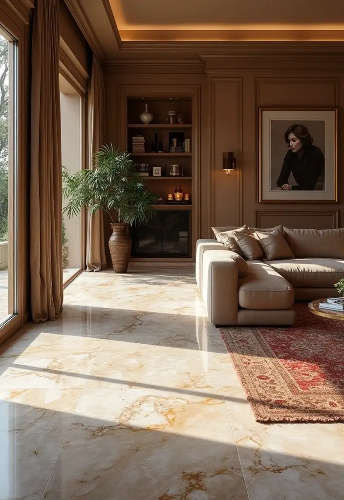 27 Tile Floor Living Room Ideas That Feel Durable and Stylish - 21. Elegant Porcelain Tiles for Luxury