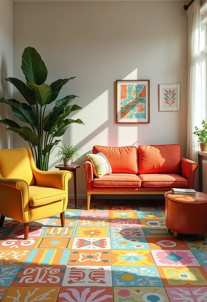 27 Tile Floor Living Room Ideas That Feel Durable and Stylish - 24. Brightly Colored Retro Tiles