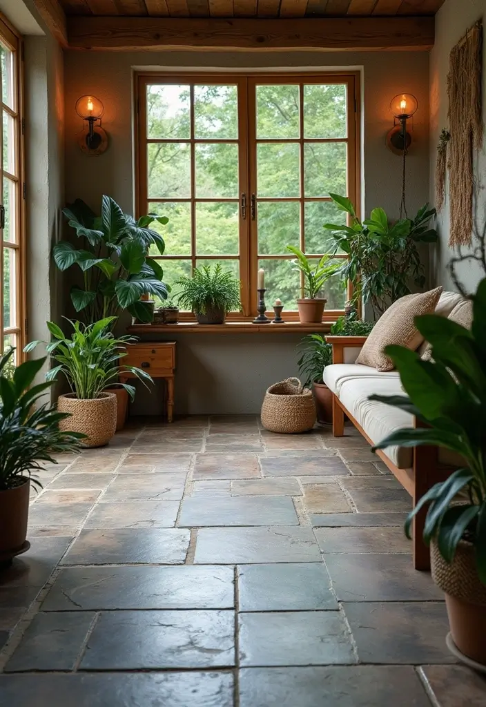 27 Tile Floor Living Room Ideas That Feel Durable and Stylish - 26. Slate Tiles for Outdoor-Inspired Living Rooms