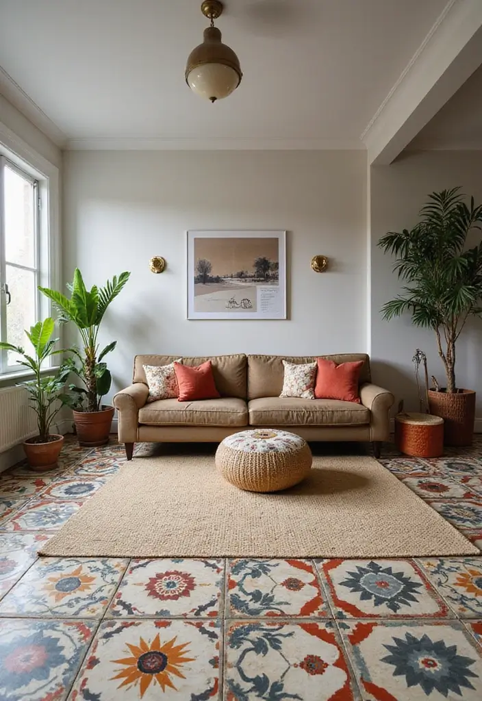 27 Tile Floor Living Room Ideas That Feel Durable and Stylish - 3. Patterned Ceramic Tiles