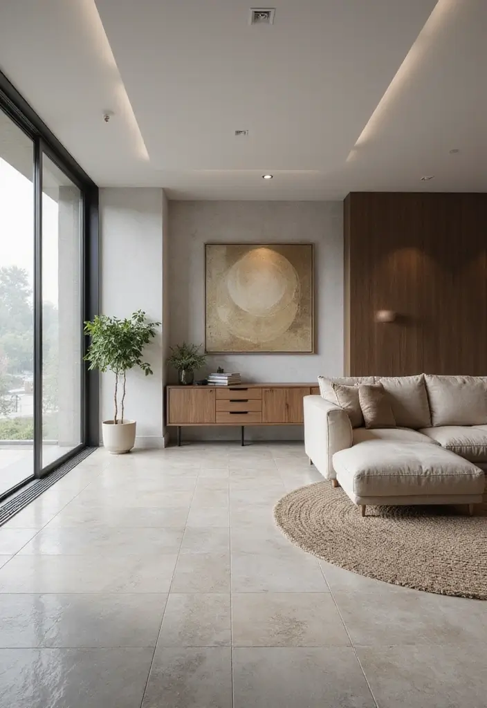 27 Tile Floor Living Room Ideas That Feel Durable and Stylish - 4. Large Format Tiles for Modern Aesthetics