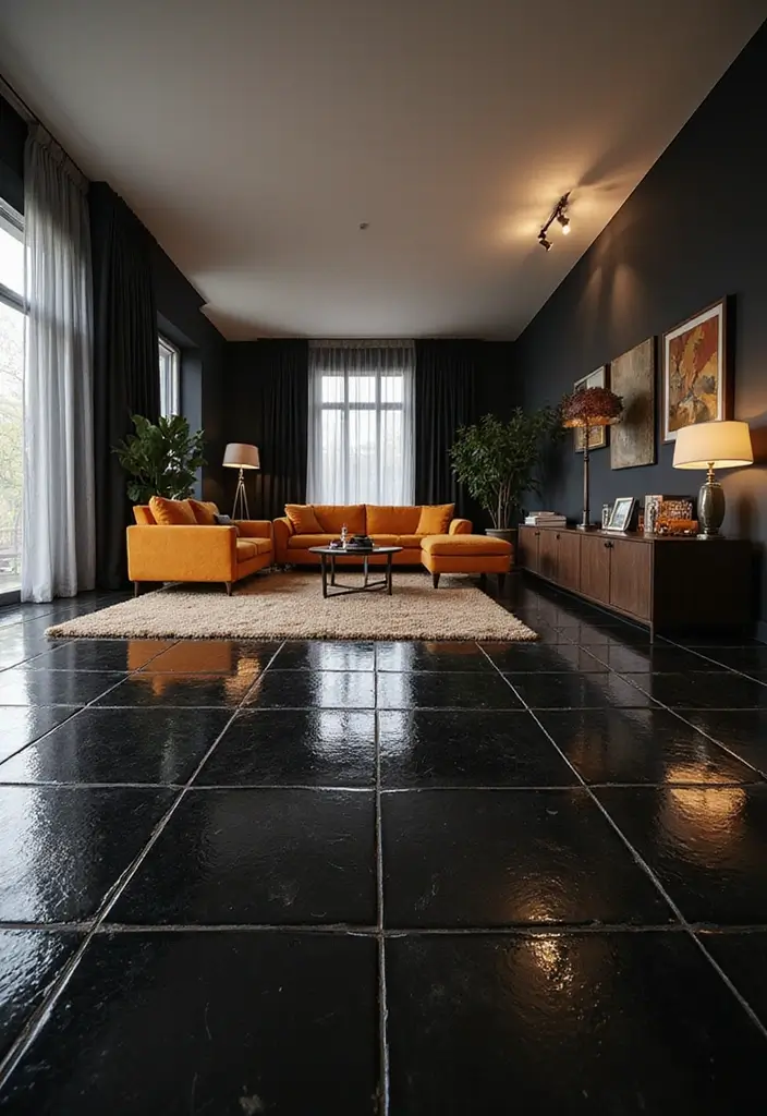 27 Tile Floor Living Room Ideas That Feel Durable and Stylish - 6. Glossy Black Tiles for Dramatic Effect