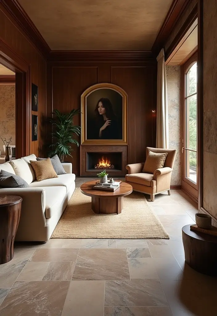 27 Tile Floor Living Room Ideas That Feel Durable and Stylish - 7. Natural Stone Tiles for Timeless Elegance