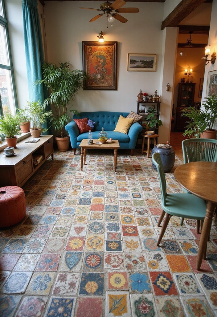27 Tile Floor Living Room Ideas That Feel Durable and Stylish - 8. Vintage-inspired Mosaic Tiles