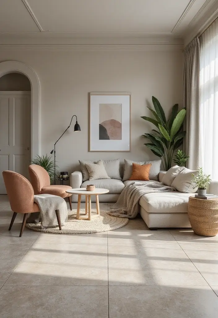 27 Tile Floor Living Room Ideas That Feel Durable and Stylish - 9. Neutral Toned Tile for Understated Sophistication