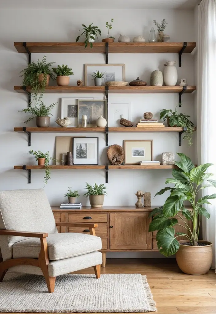 27 Woodsy Living Room Ideas That Bring Nature Indoors - 17. Open Shelving