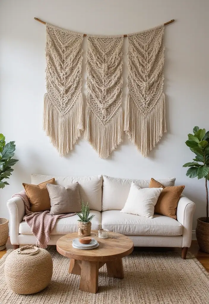 27 Woodsy Living Room Ideas That Bring Nature Indoors - 23. Textured Wall Hangings