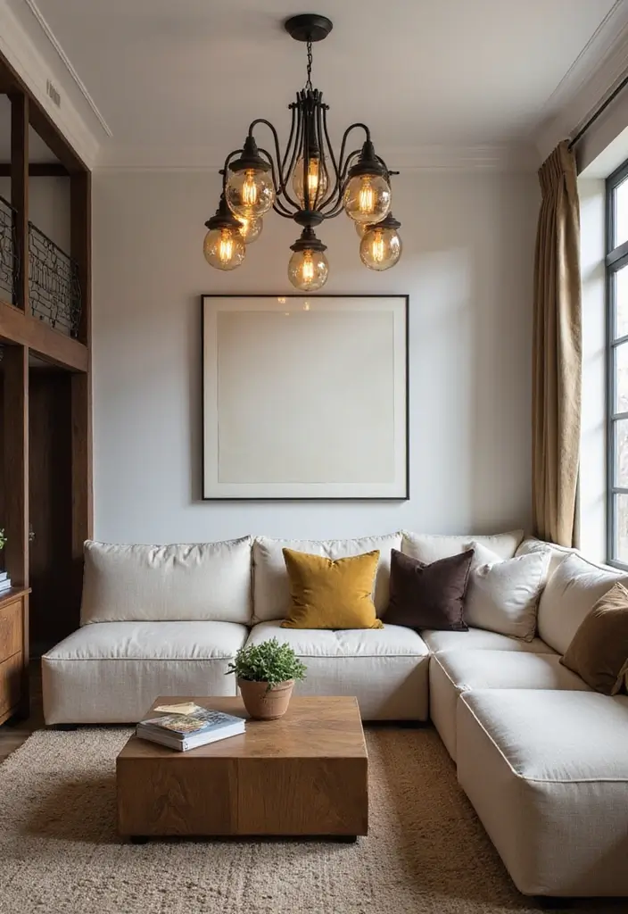 27 Woodsy Living Room Ideas That Bring Nature Indoors - 6. Statement Light Fixtures