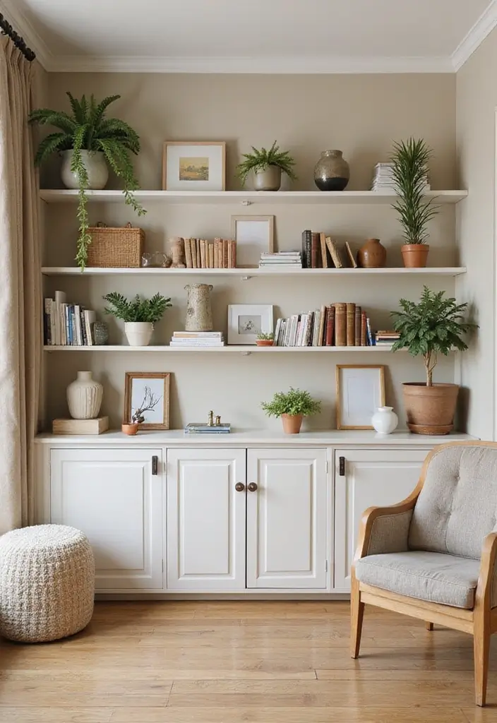 28 Beige Colour Living Room Ideas That Feel Warm and Subtle - 14. Open Shelving for Displaying Treasures