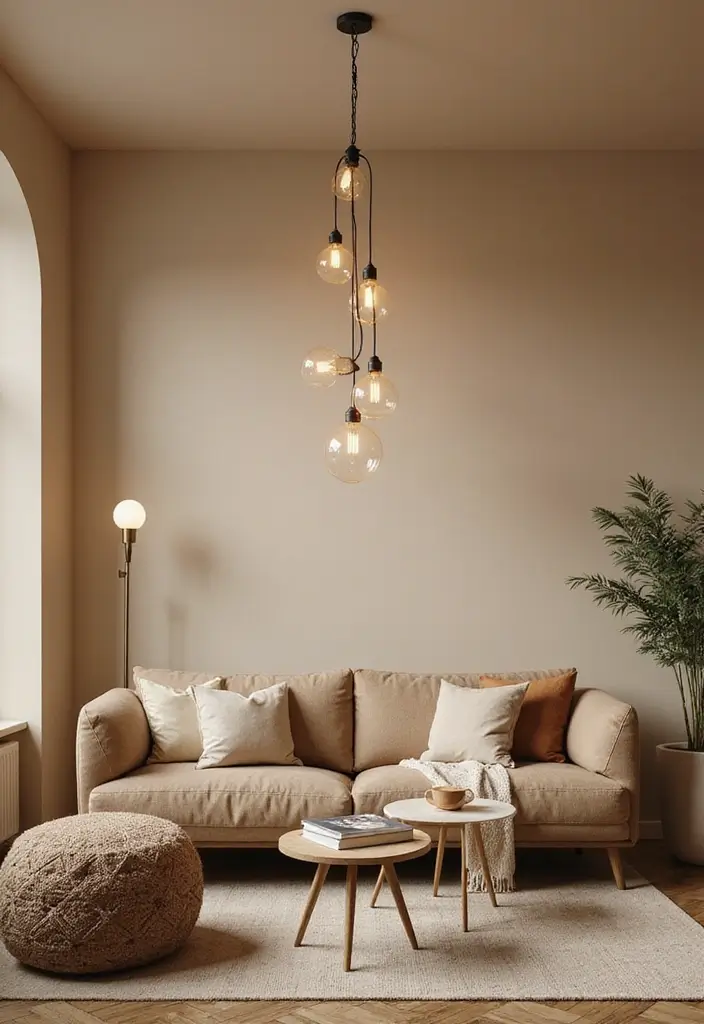 28 Beige Colour Living Room Ideas That Feel Warm and Subtle - 18. Vintage-Inspired Lighting Fixtures