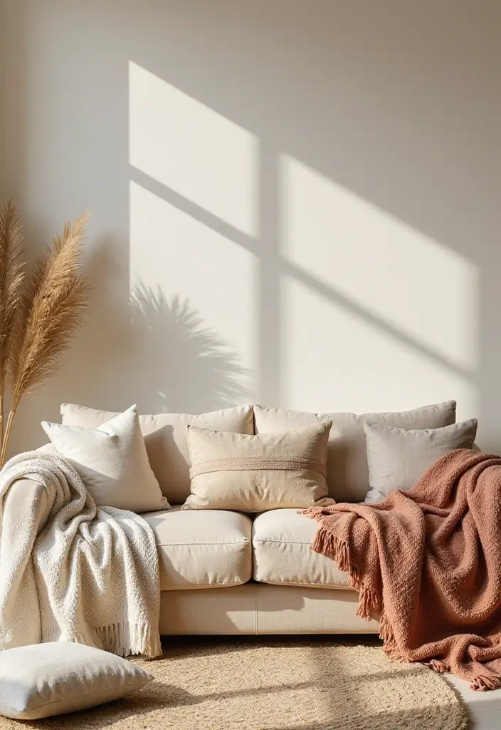 28 Beige Colour Living Room Ideas That Feel Warm and Subtle - 19. Decorative Throw Blankets and Pillows