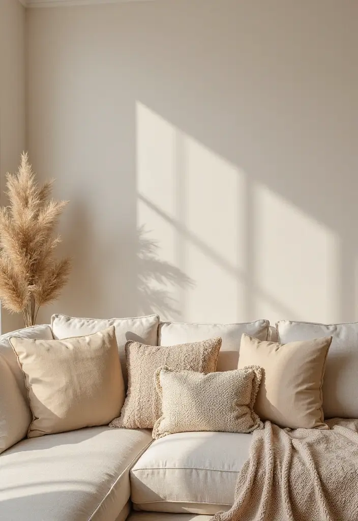 28 Beige Colour Living Room Ideas That Feel Warm and Subtle - 22. Textured Cushions for Comfort