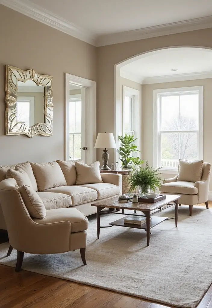 28 Beige Colour Living Room Ideas That Feel Warm and Subtle - 23. Elegant Mirrored Accents