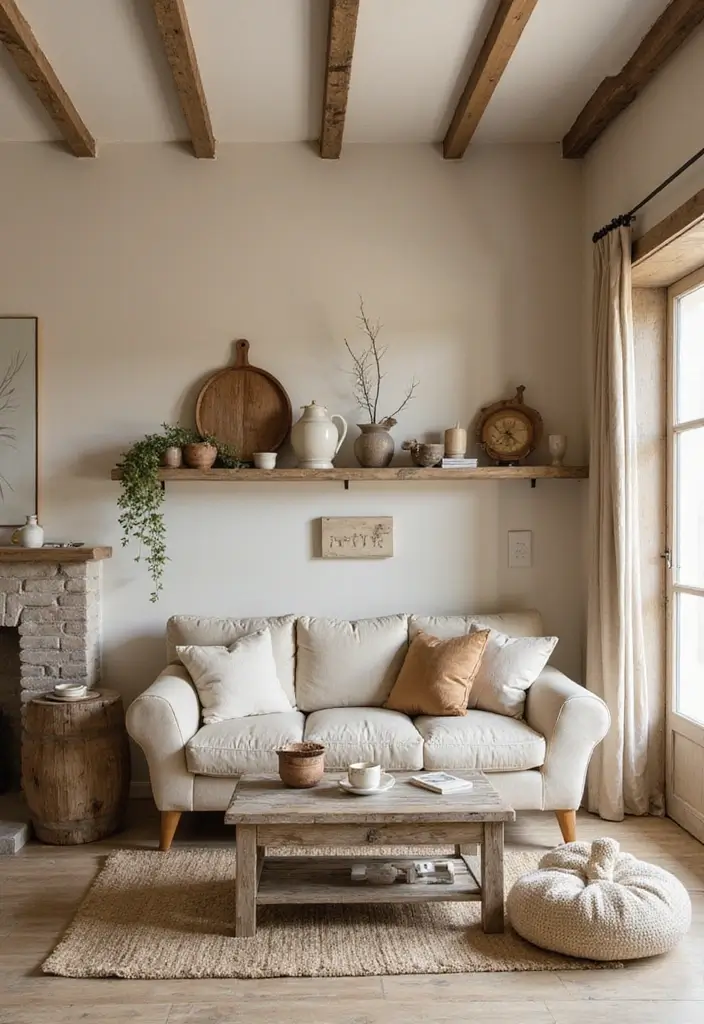 28 Beige Colour Living Room Ideas That Feel Warm and Subtle - 25. Rustic Elements for a Homely Feel