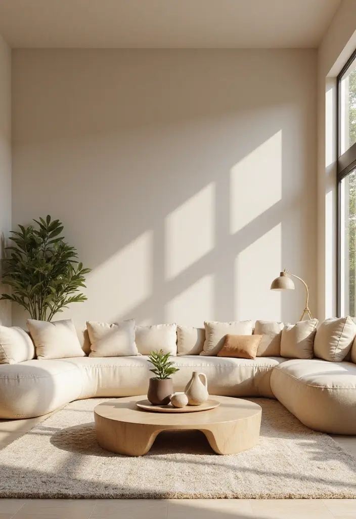 28 Beige Colour Living Room Ideas That Feel Warm and Subtle - 26. Soft Organic Shapes
