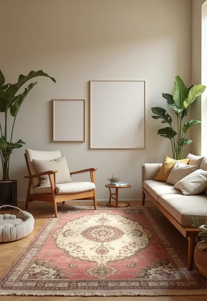 28 Beige Colour Living Room Ideas That Feel Warm and Subtle - 27. Vintage Rugs for Character