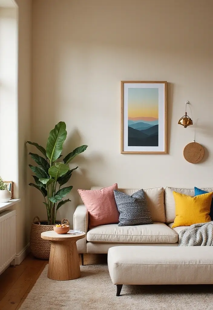 28 Beige Colour Living Room Ideas That Feel Warm and Subtle - 6. Adding Pops of Colour Through Accessories