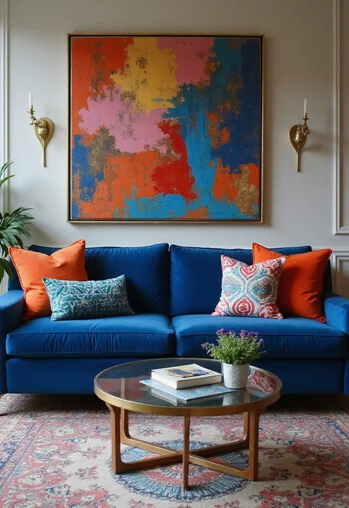 28 Colorful Furniture Living Room Ideas That Feel Eclectic and Bold - 1. Bold Blue Velvet Sofa