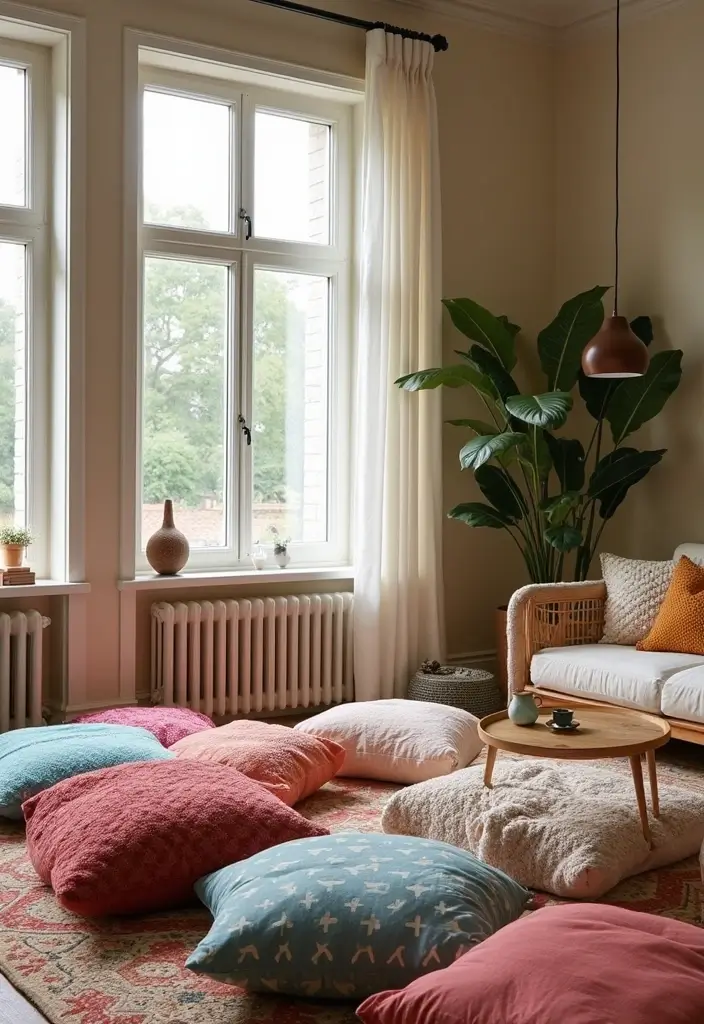 28 Colorful Furniture Living Room Ideas That Feel Eclectic and Bold - 10. Funky Floor Cushions