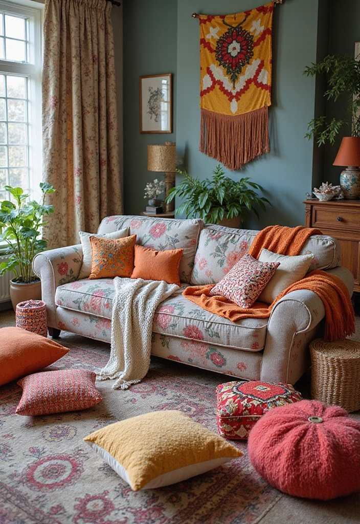 28 Colorful Furniture Living Room Ideas That Feel Eclectic and Bold - 12. Playful Textile Mix