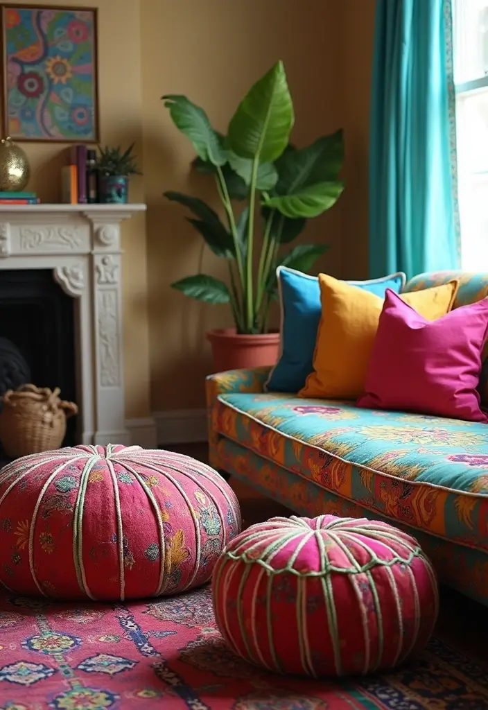 28 Colorful Furniture Living Room Ideas That Feel Eclectic and Bold - 14. Colorful Poufs