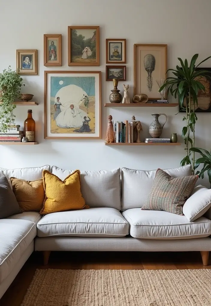 28 Colorful Furniture Living Room Ideas That Feel Eclectic and Bold - 17. Eclectic Gallery Shelves