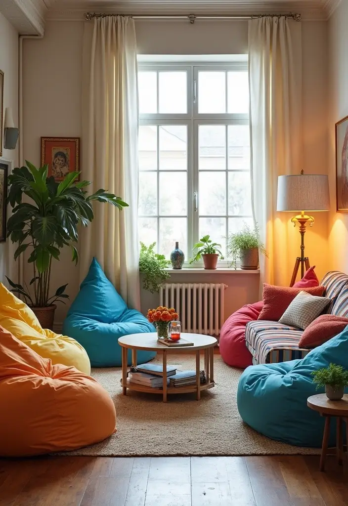 28 Colorful Furniture Living Room Ideas That Feel Eclectic and Bold - 19. Colorful Bean Bags