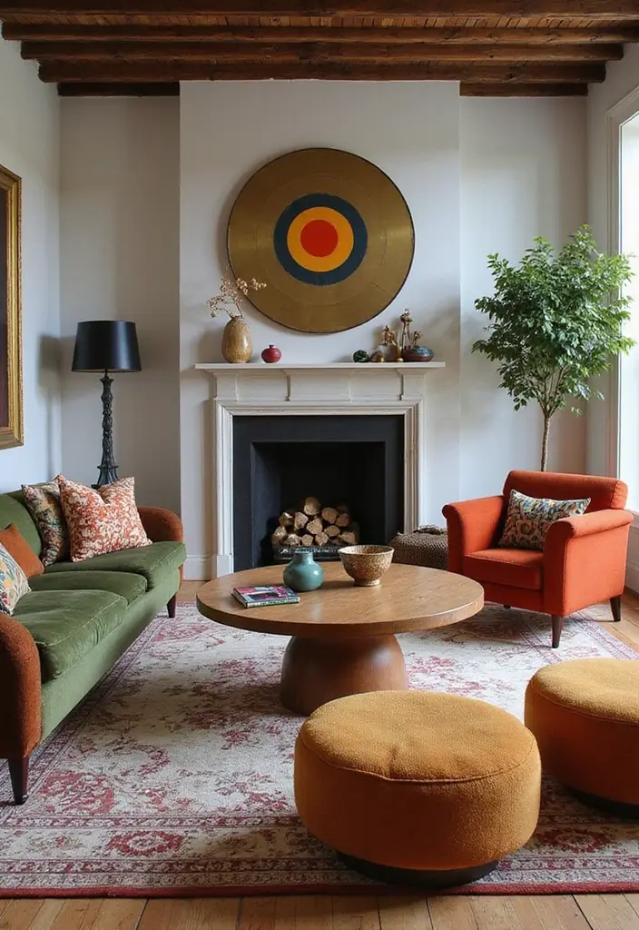 28 Colorful Furniture Living Room Ideas That Feel Eclectic and Bold - 2. Retro Round Coffee Table