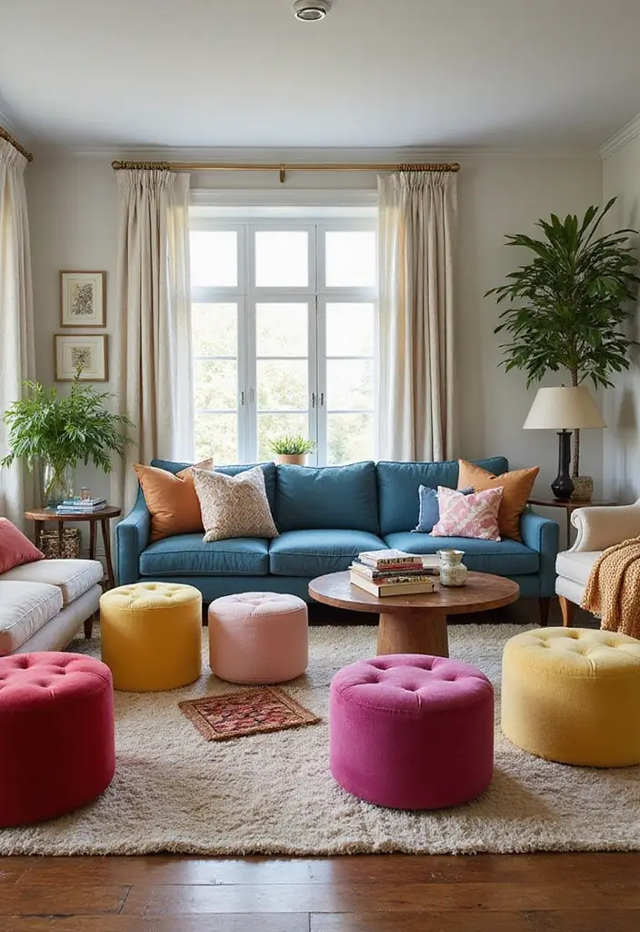 28 Colorful Furniture Living Room Ideas That Feel Eclectic and Bold - 24. Colorful ottoman alternatives