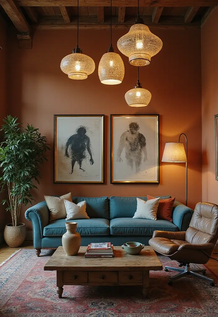 28 Colorful Furniture Living Room Ideas That Feel Eclectic and Bold - 6. Statement Lighting Fixtures