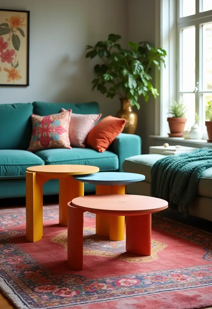 28 Colorful Furniture Living Room Ideas That Feel Eclectic and Bold - 7. Color Pop Side Tables