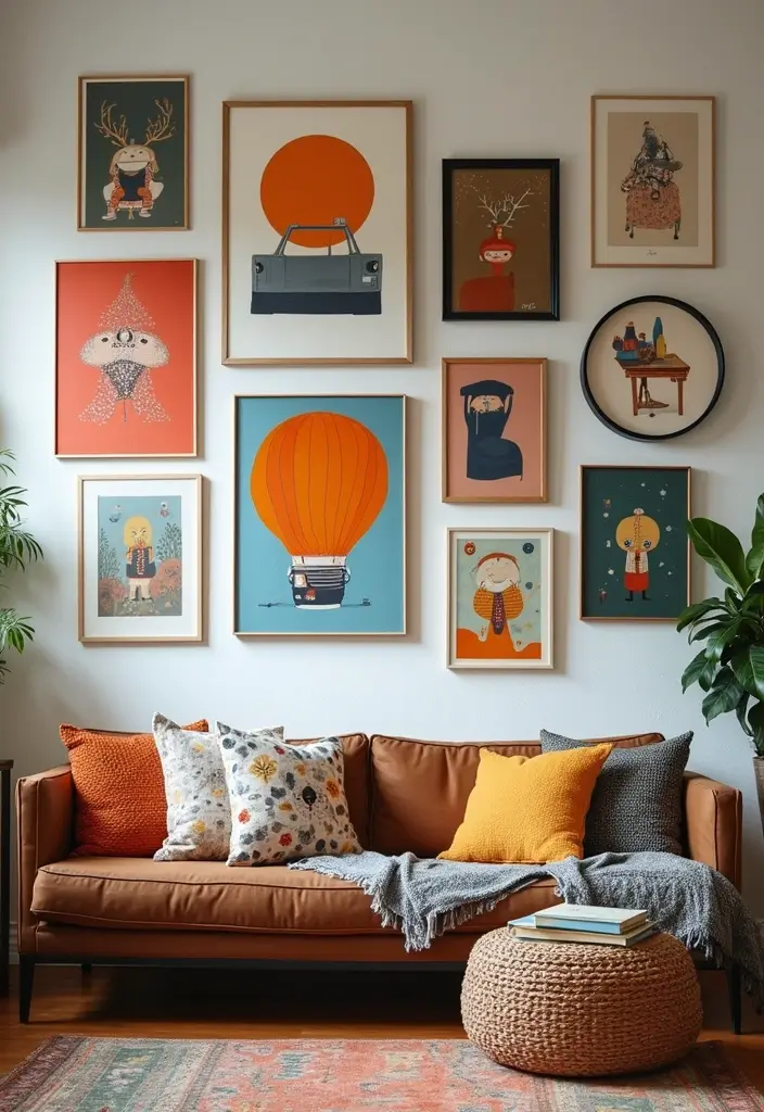 28 Colorful Furniture Living Room Ideas That Feel Eclectic and Bold - 9. Quirky Wall Art