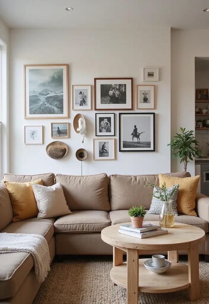28 Cozy Living Room and Kitchen Ideas That Feel Connected and Warm - 11. Wall Art and Personal Touches