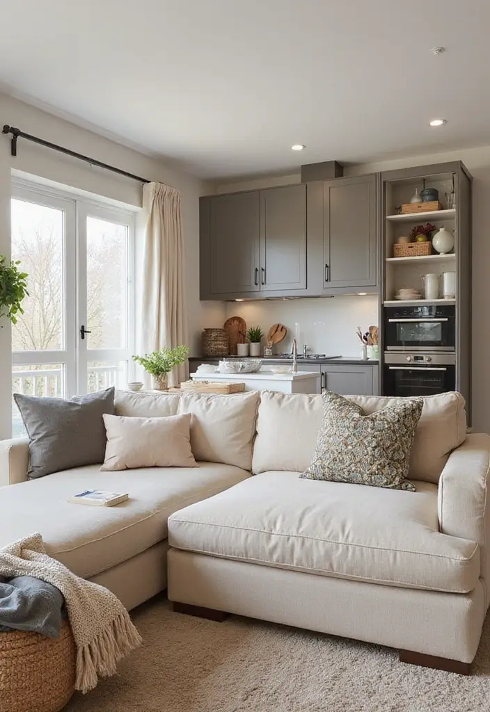 28 Cozy Living Room and Kitchen Ideas That Feel Connected and Warm - 24. Smart Storage Solutions
