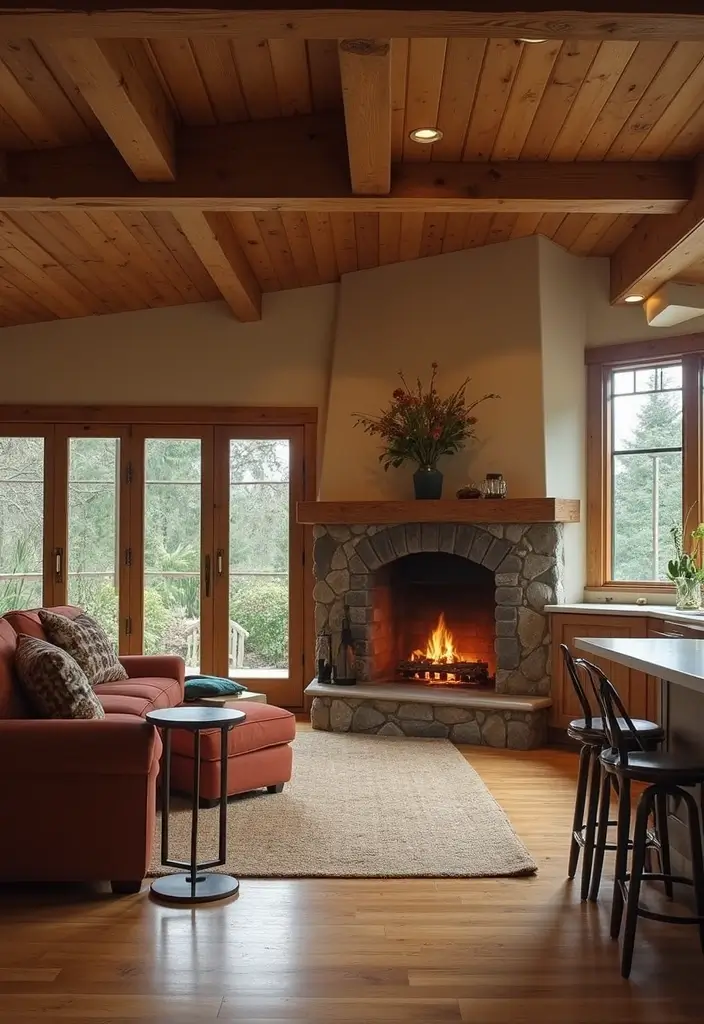28 Cozy Living Room and Kitchen Ideas That Feel Connected and Warm - 25. Incorporate a Hearth