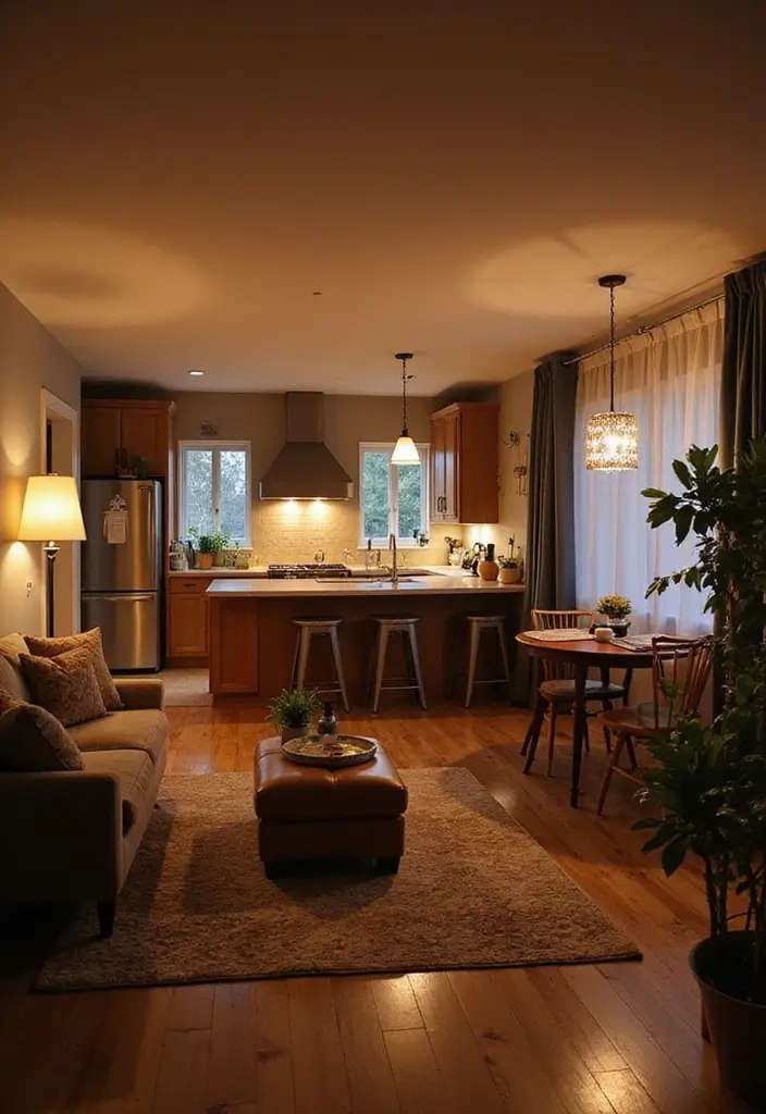 28 Cozy Living Room and Kitchen Ideas That Feel Connected and Warm - 5. Layered Lighting Solutions