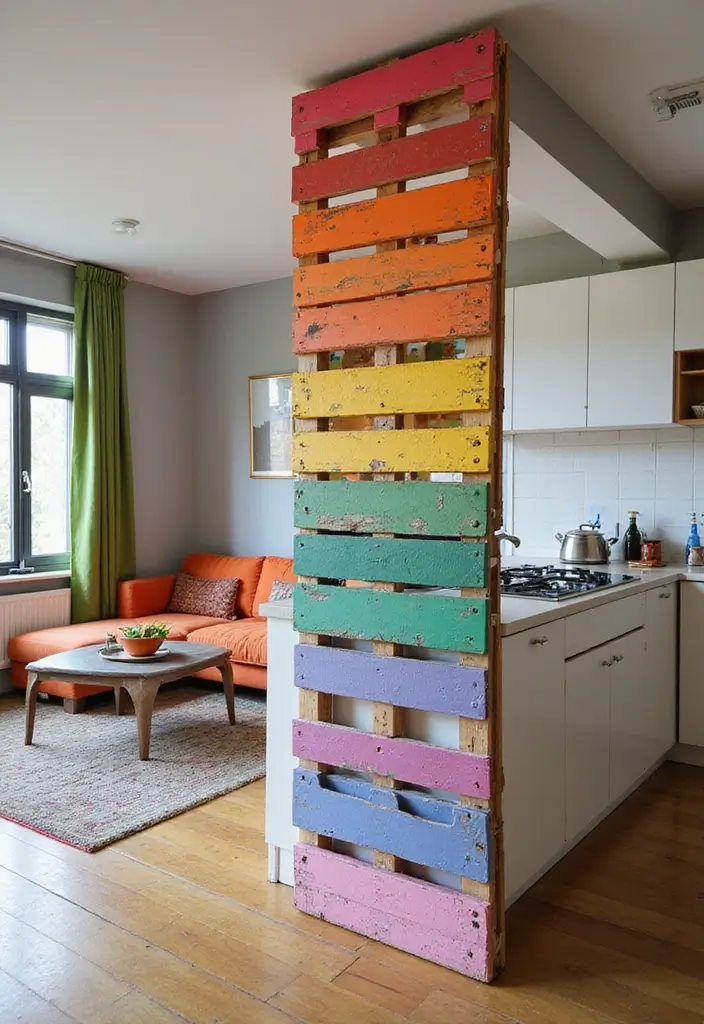 28 Kitchen and Living Room Partition Ideas That Define Space Beautifully - 12. Colorful Pallet Dividers