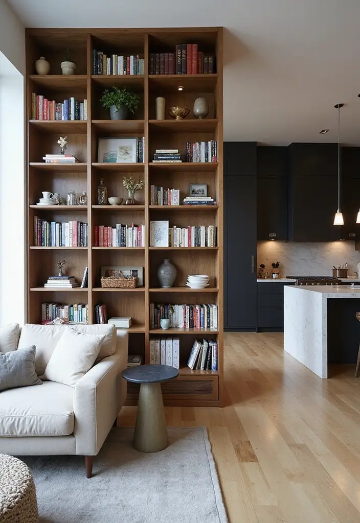 28 Kitchen and Living Room Partition Ideas That Define Space Beautifully - 13. Floor-to-Ceiling Bookshelves
