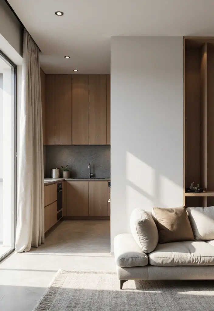 28 Kitchen and Living Room Partition Ideas That Define Space Beautifully - 14. Minimalist Partition Walls