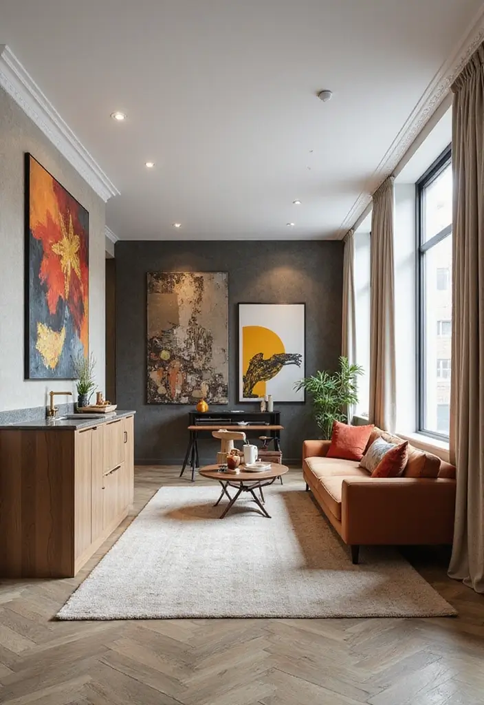 28 Kitchen and Living Room Partition Ideas That Define Space Beautifully - 19. Contemporary Art Dividers