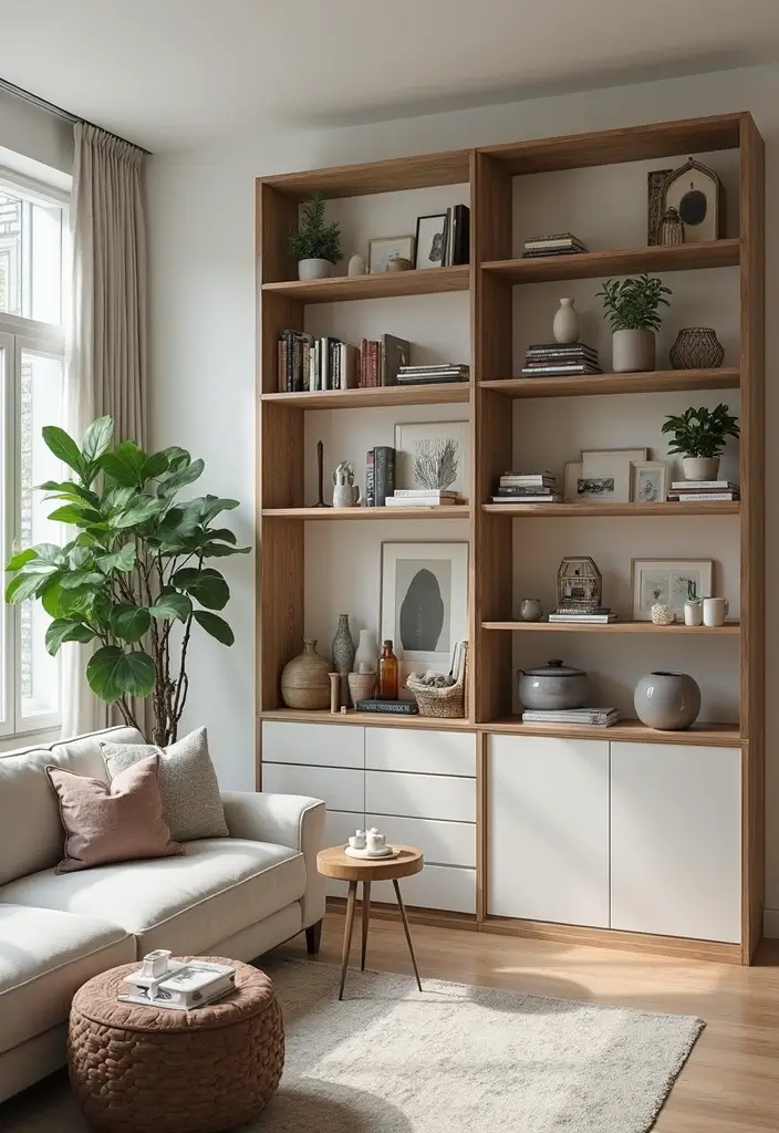28 Kitchen and Living Room Partition Ideas That Define Space Beautifully - 2. Chic Open Shelving Dividers