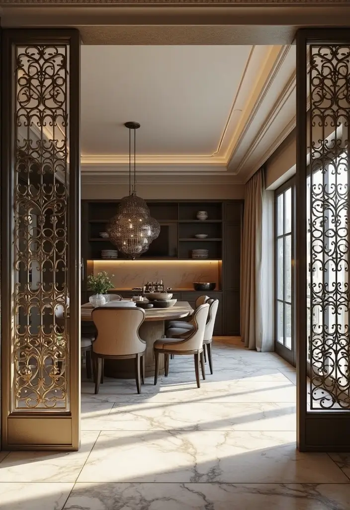 28 Kitchen and Living Room Partition Ideas That Define Space Beautifully - 24. Decorative Metal Grilles