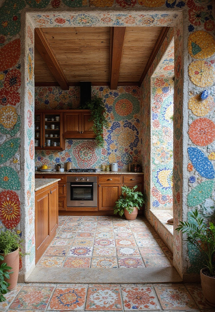 28 Kitchen and Living Room Partition Ideas That Define Space Beautifully - 25. Stunning Mosaic Walls